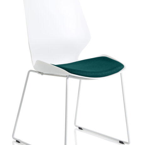 Florence Sled visitor chair with white frame and bespoke Maringa teal fabric seat.