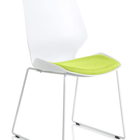 Florence Sled Visitor Chair with a white frame and bespoke Myrrh Green fabric seat.