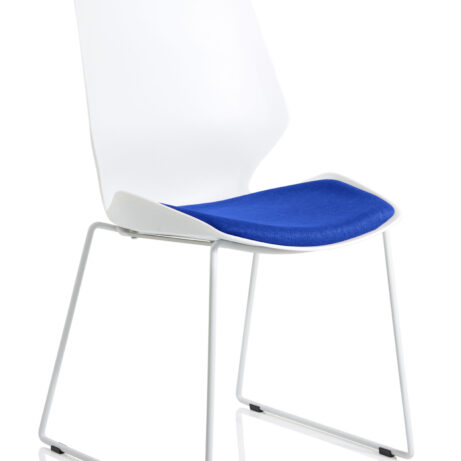 Florence Sled visitor chair with a white frame and bespoke Stevia blue fabric seat.