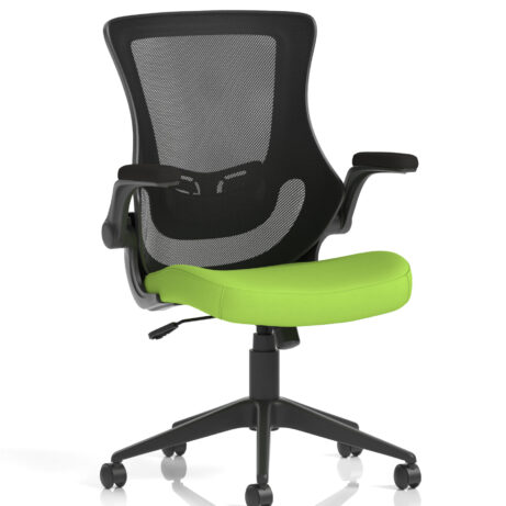 Orbit Black Mesh Back Chair with Myrrh Green bespoke seat, featuring adjustable height and rolling casters.