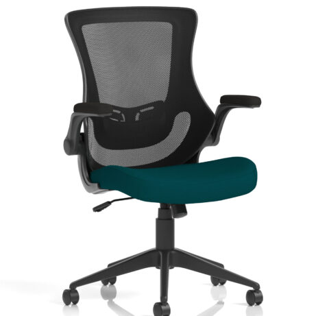 Orbit Black Mesh Back Chair with Bespoke Maringa Teal Seat, featuring adjustable armrests and a five-star base.