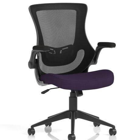 Orbit Black Mesh Back Chair with Tansy Purple bespoke color seat, featuring adjustable arms and five-caster base.