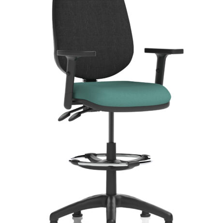 Eclipse Plus II Task Operator Chair with Hi Rise Draughtsman Kit, Bespoke Quest Kelp seat, black backrest, and adjustable arms.