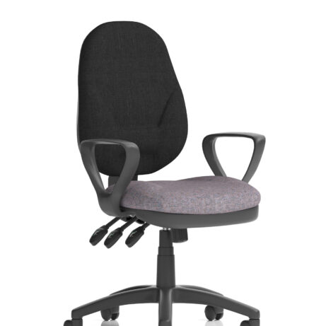 Eclipse Plus XL High Back Task Operator Chair with Loop Arms, Bespoke Rivet Forge upholstery, black fabric back.
