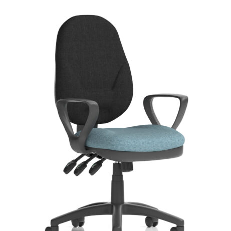 Eclipse Plus XL High Back Task Operator Chair with loop arms, bespoke rivet quench fabric in black and blue.