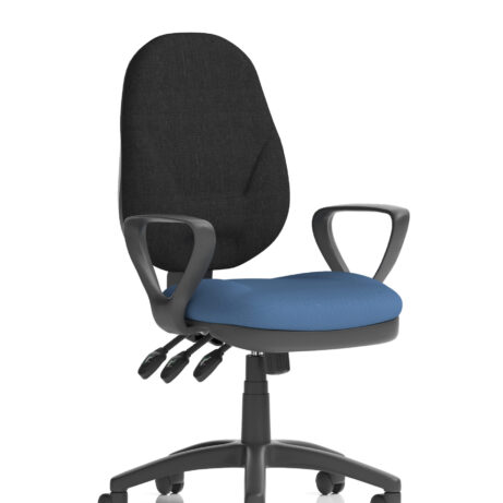 Eclipse Plus XL High Back Task Operator Chair, bespoke Quest Limpet fabric, with loop arms and a black and blue color scheme.