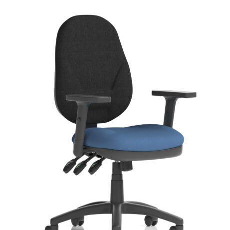 Eclipse Plus XL High Back Task Operator Chair with height adjustable arms, bespoke Quest Limpet fabric, black and blue.