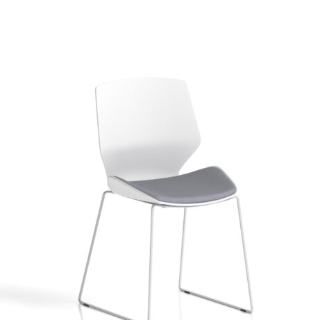 Florence Sled White Frame Chair with Bespoke Quest Shell fabric seat, featuring a modern design and minimalist style.