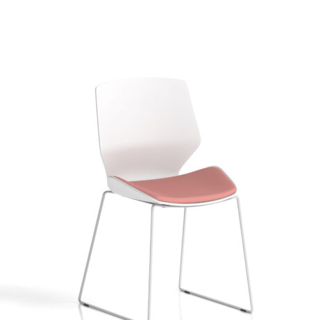 Florence Sled Chair with white frame and bespoke Quest Shrimp fabric seat. Stylish visitor seating option.