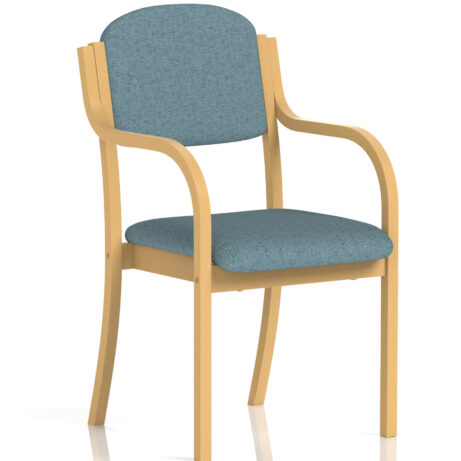 Madrid Wooden Frame Visitor Chair with Arms in Bespoke Rivet Quench, featuring a blue upholstered seat and back.