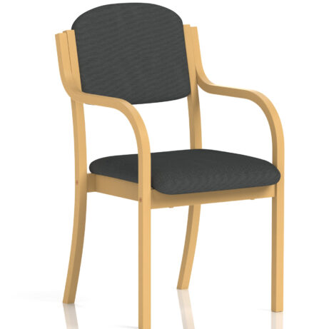 Madrid Wooden Frame Visitor Chair with arms, bespoke Quest Mussel fabric seat, and light wooden finish.