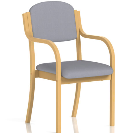 Madrid Wooden Frame Visitor Chair with arms, bespoke quest shell colour, upholstered gray seat.