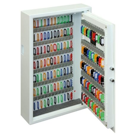 KS0030E Series Electronic Steel Key Safe in white, open to display organized key storage with various colored key tags.