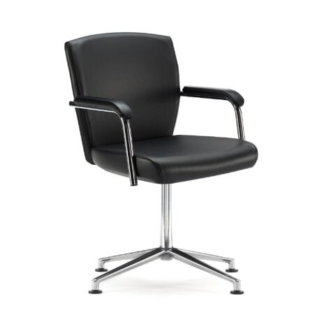 KEY Meet Full Back conference chair, fully upholstered in black with chrome five-star base and armrests, stackable design.