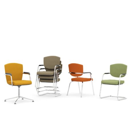 KEY Meet Half Back meeting chairs in orange, green, and beige with stackable chrome frames for flexible conference settings.