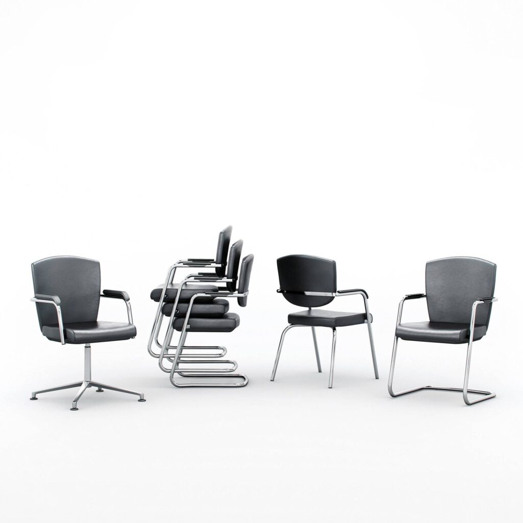 KEY Meet Half Back chairs in black upholstery, featuring four-legged and cantilever frames, stackable design.