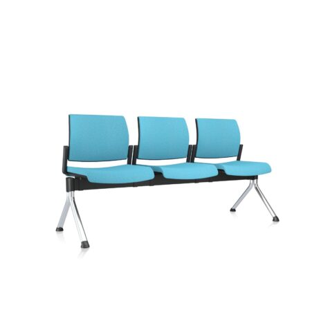 KIND Beam seating in blue faux leather, modular 3-seat unit with a silver metal frame for reception areas.