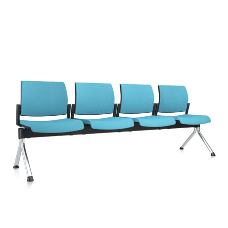 KIND Beam reception seating in blue faux leather, modular design with four seats and chrome legs for durability.