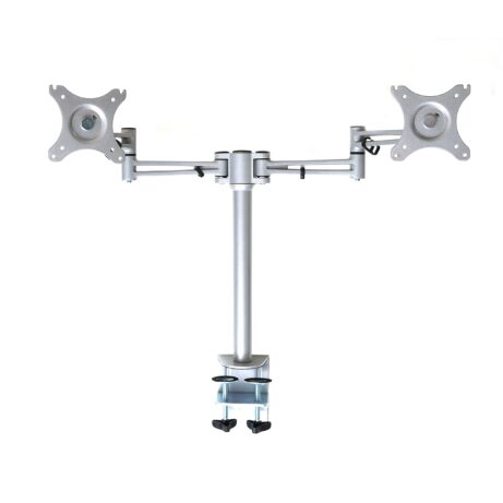 Twin Pole Mounted Monitor Arm in Silver for dual monitor setup with adjustable arms and clamp base.