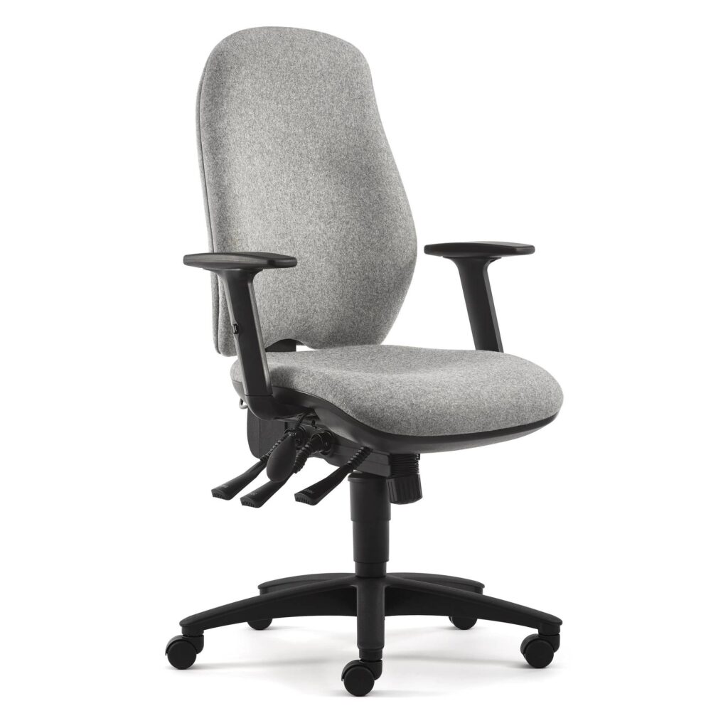 MODE Ergonomic Task Chair in grey fabric with adjustable seat and back tilt, body weight tension control, and rolling base.