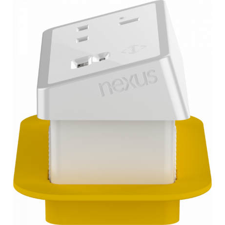 Rectangular in-desk power module in white with mains cable, featuring dual 240V sockets and USB-C/A ports.