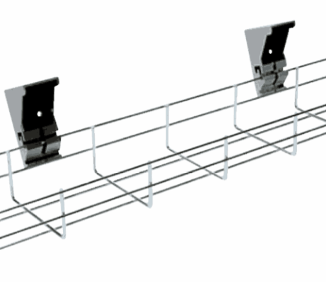 Silver cable baskets with brackets, measuring 100mm x 50mm x 1600mm, designed for organized cable management.