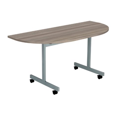 One Eighty D-End Tilting Table, 1400 x 700 mm, Dark Walnut/Silver, with tilting mechanism and wheels for easy mobility.