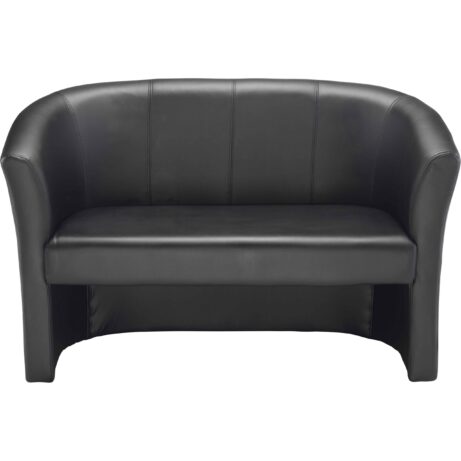 Compact two-seater black PU Tub Sofa with plush back, flared arms, and neat stitching, ideal for reception areas.