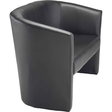 Compact black PU Tub Sofa with plush back, neat stitching, flared arms, ideal for reception areas. Dimensions: 1235x610x750 mm.