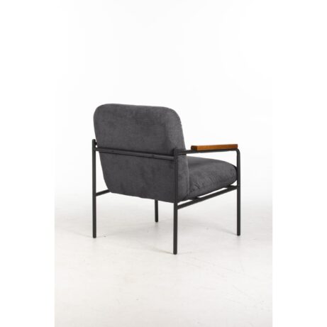 Settle Reception Chair with plush gray upholstery, wooden arm pads, and a sturdy black metal frame. Dimensions: 670x655x805 mm.