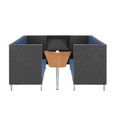 Phonic Table in Beech with grey acoustic panels and blue seating, designed for collaborative spaces.