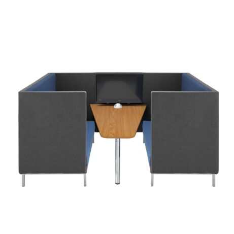 Phonic Table in Nova Oak with gray upholstered dividers and blue seating, featuring a central monitor mount.
