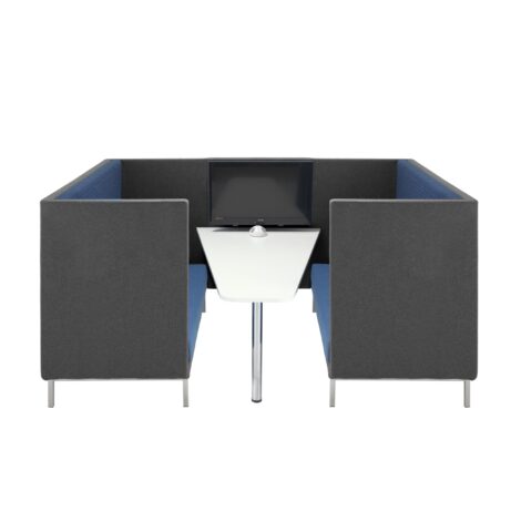 White Phonic Table with grey acoustic panels and blue seating; ideal for collaborative workspaces.
