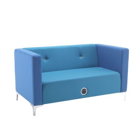 Button 2 Seater Sofa in blue Band 1 Fabric with chrome legs and built-in charging port. Modern design, stylish finish.