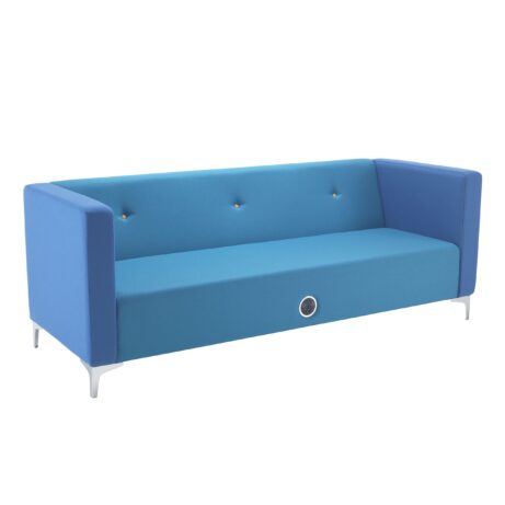 Button 3 Seater Sofa in Band 1 Fabric with blue upholstery and modern silver legs.