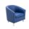 Tub armchair in dark blue PU leather with a curved back and metal feet.