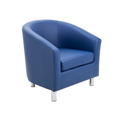 Tub armchair in dark blue PU leather with a curved back and metal feet.