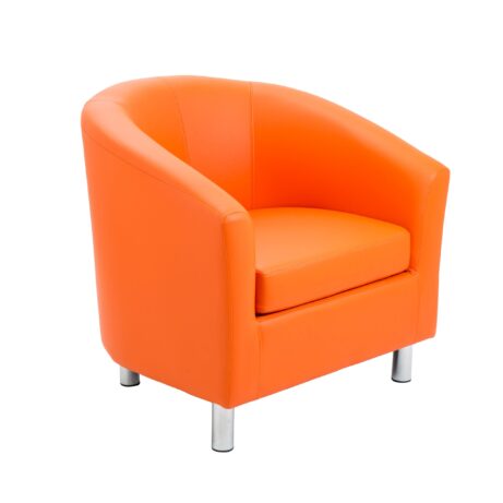 Tub armchair in orange PU with metal feet, featuring a rounded design and cushioned seat.