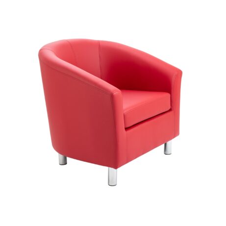Tub Armchair in red PU upholstery featuring sleek metal feet. Stylish and modern design for any space.