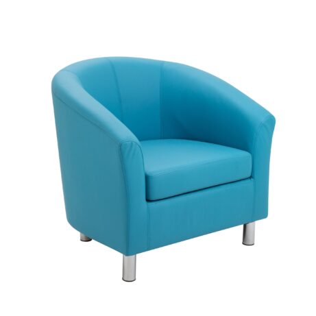 Tub Armchair in sky blue PU with metal feet, featuring a smooth curved design and comfortable seat cushion.
