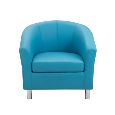 Tub Armchair with metal feet in vibrant blue PU upholstery, featuring a welcoming silhouette and deep seat for comfort.