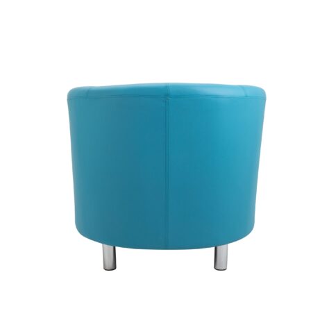 Tub armchair with a welcoming tub silhouette, deep blue PU upholstery, and adjustable metal feet for precise fit.