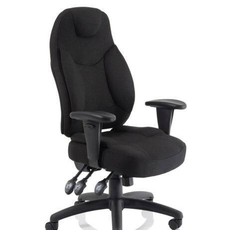 Galaxy Medium Back Task Operator Office Chair, black fabric, with height adjustable arms and five-star base.