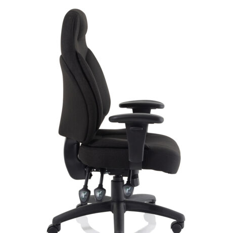 Galaxy Medium Back Task Operator Office Chair in black fabric with adjustable arms and ergonomic design for support.