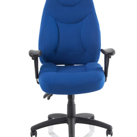 Galaxy Medium Back Task Operator Office Chair in blue fabric with adjustable arms and a black base, designed for comfort and support.