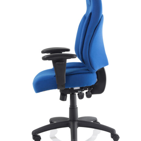 Galaxy Medium Back Task Operator Office Chair in blue fabric with adjustable arms and a black base, designed for all-day support.