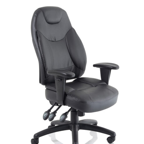 Galaxy Medium Back Task Operator Office Chair, black leather, with height adjustable arms and five-star base.