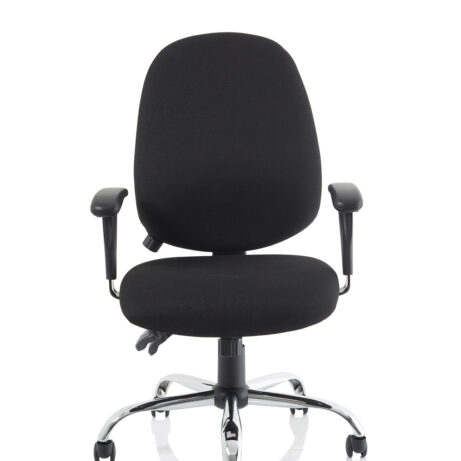 Lisbon Medium Back Task Operator Chair in black fabric with height-adjustable arms and chrome base for ergonomic support.