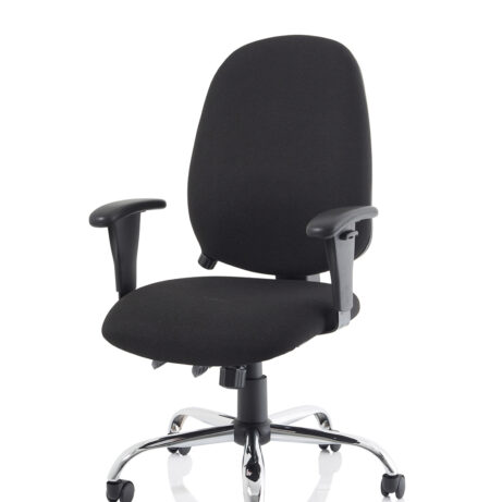 Lisbon Medium Back Task Operator Office Chair in black fabric, featuring height-adjustable arms and a chrome base.