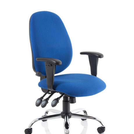 Lisbon Medium Back Task Operator Office Chair in blue fabric with height adjustable arms and chrome base.